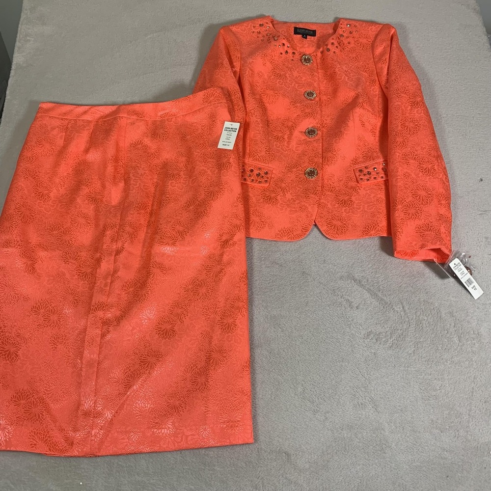 John Meyer Collection Skirt Suit Set Womens 12 Coral Orange Jacquard Beaded NEW